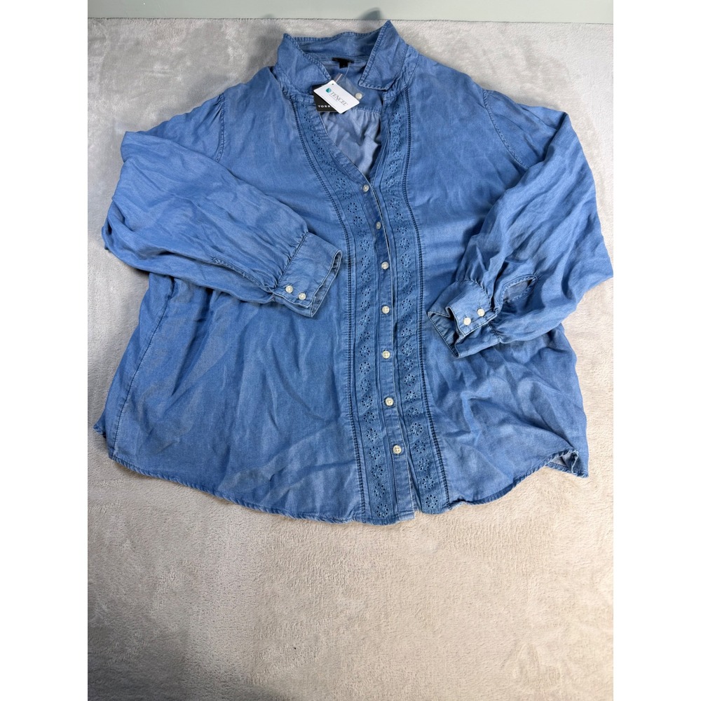 Torrid Pintuck Eyelet Shirt Womens 4 4X Blue Tencel Lyocell Button Up Blouse